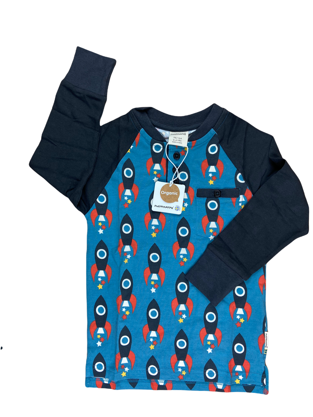 maxomorra shirt Rakete blau Sale GOTS nachhaltige Kinderkleidung Second Hand